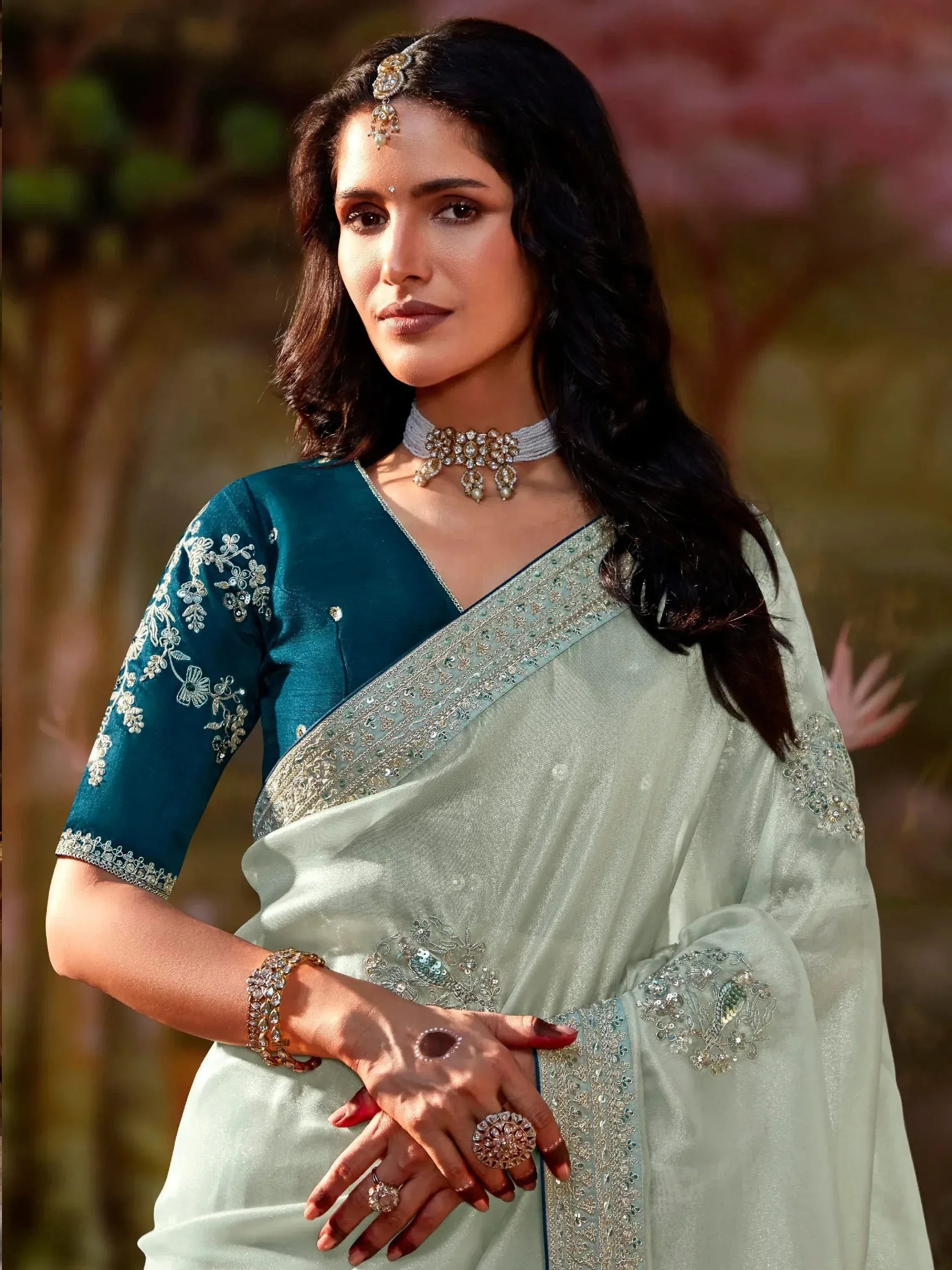 Elegant woman in designer saree with embroidered blouse, perfect for Indian ethnic wear occasions.