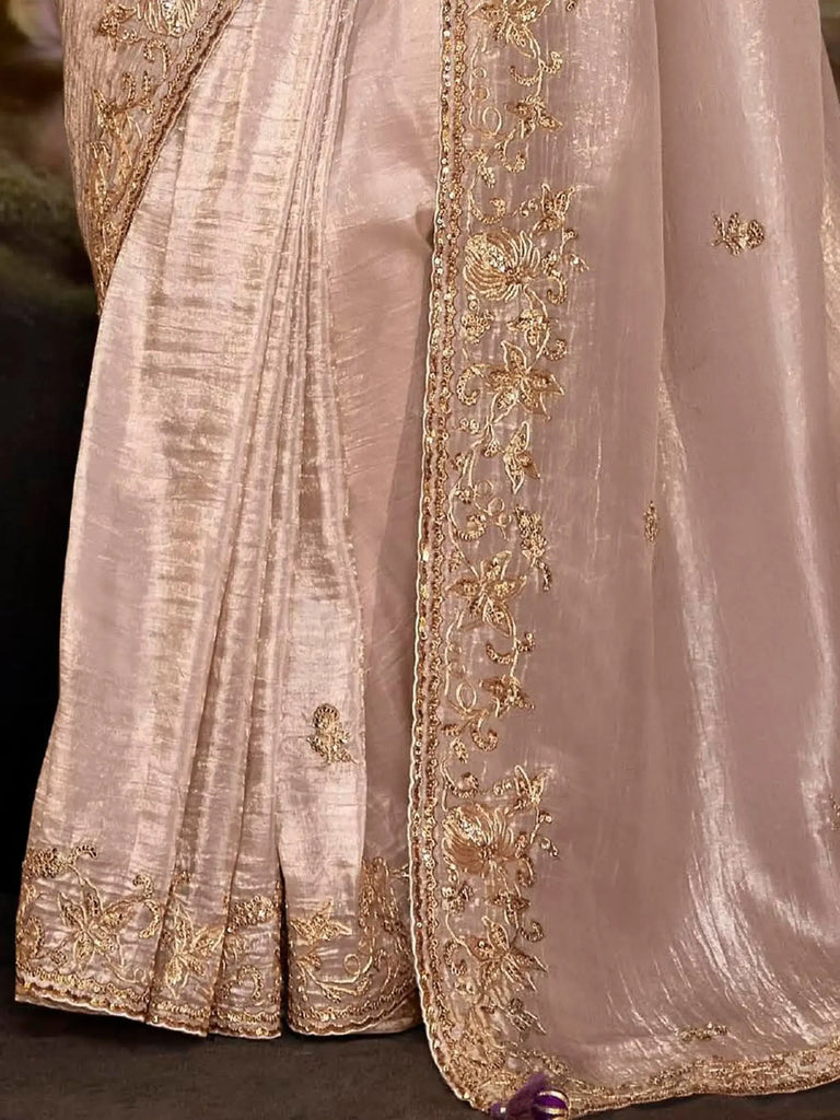 Lovely Misty Rose Color Sequins Organza Wedding Wear Saree With Blouse
