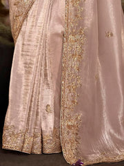 Lovely Misty Rose Color Sequins Organza Wedding Wear Saree With Blouse