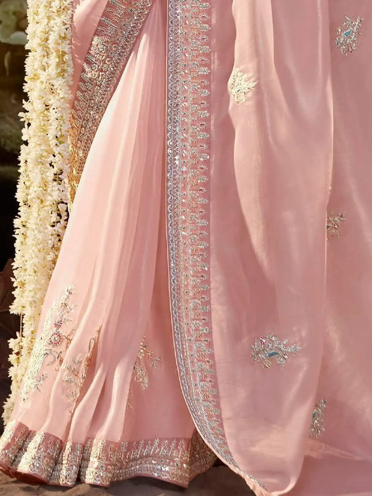 Classy Light Pink Sequins Organza Wedding Wear Saree With Blouse