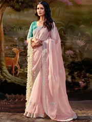 Classy Light Pink Sequins Organza Wedding Wear Saree With Blouse