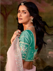 Classy Light Pink Sequins Organza Wedding Wear Saree With Blouse
