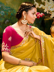 Charming Yellow Embroidered Organza Haldi Wear Saree With Blouse