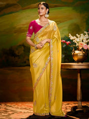 Charming Yellow Embroidered Organza Haldi Wear Saree With Blouse