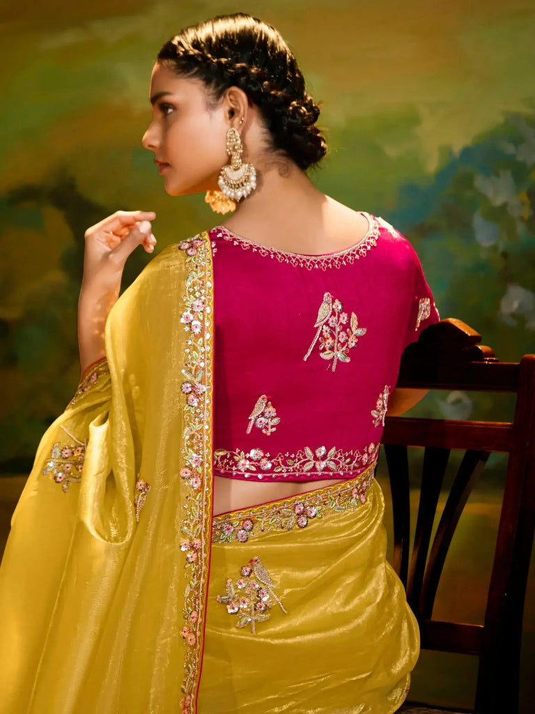 Charming Yellow Embroidered Organza Haldi Wear Saree With Blouse