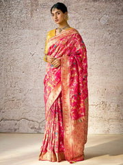 Astonishing Pink Zari Weaving Silk Function Wear Saree With Blouse