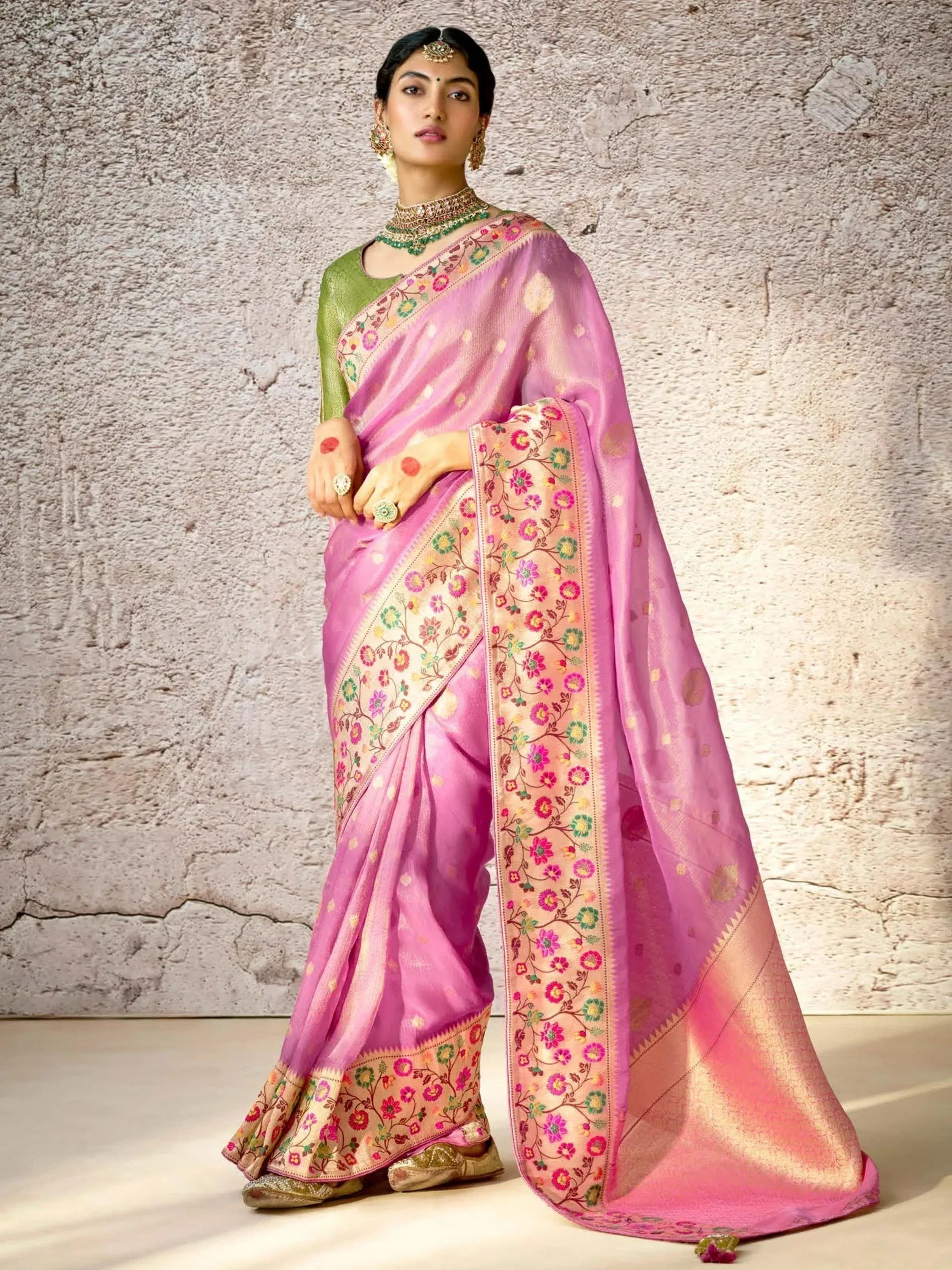 Pink floral embroidered saree with green blouse, traditional Indian ethnic wear for women