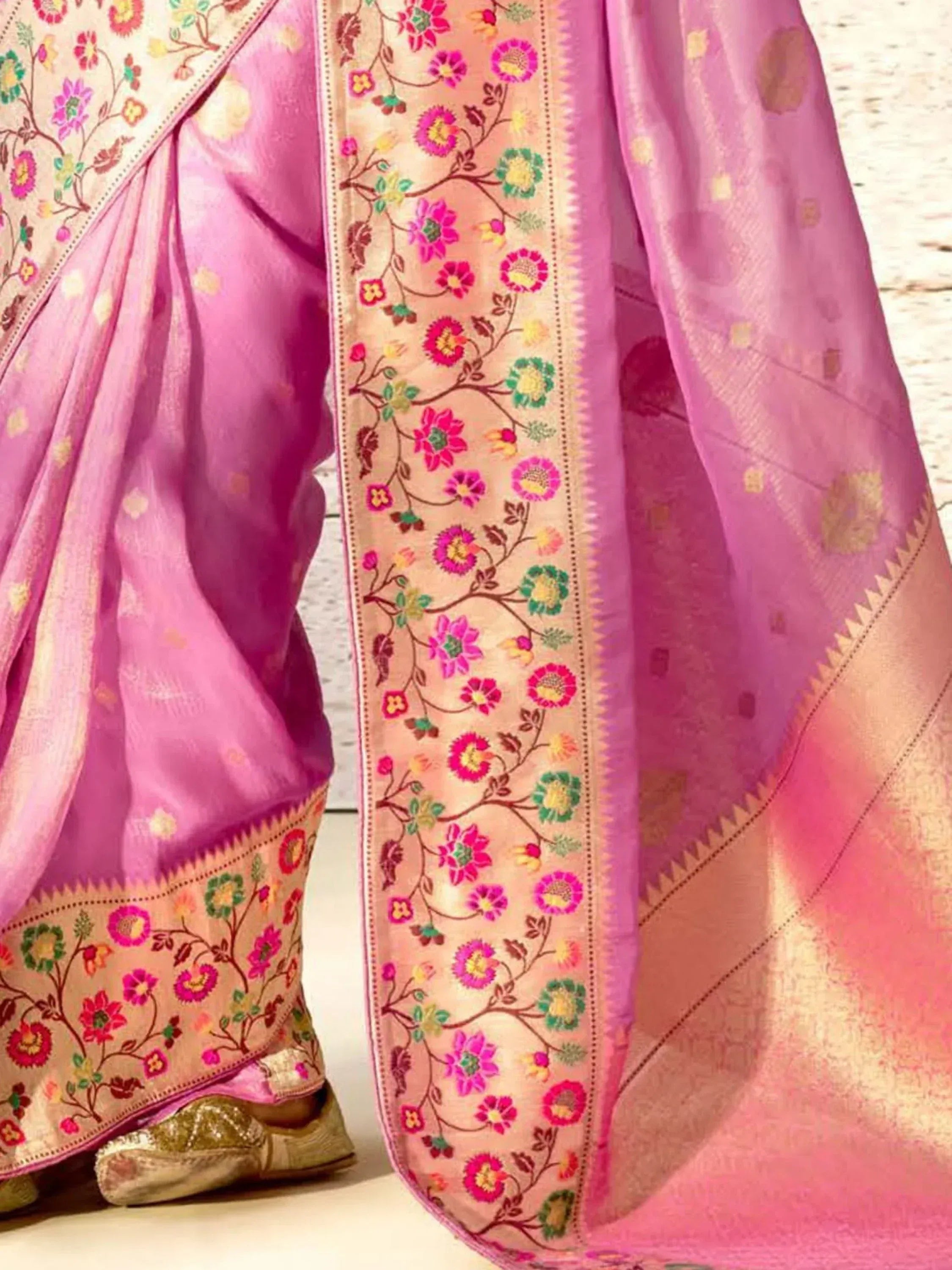 Pink floral embroidered saree with golden border, ethnic Indian wear