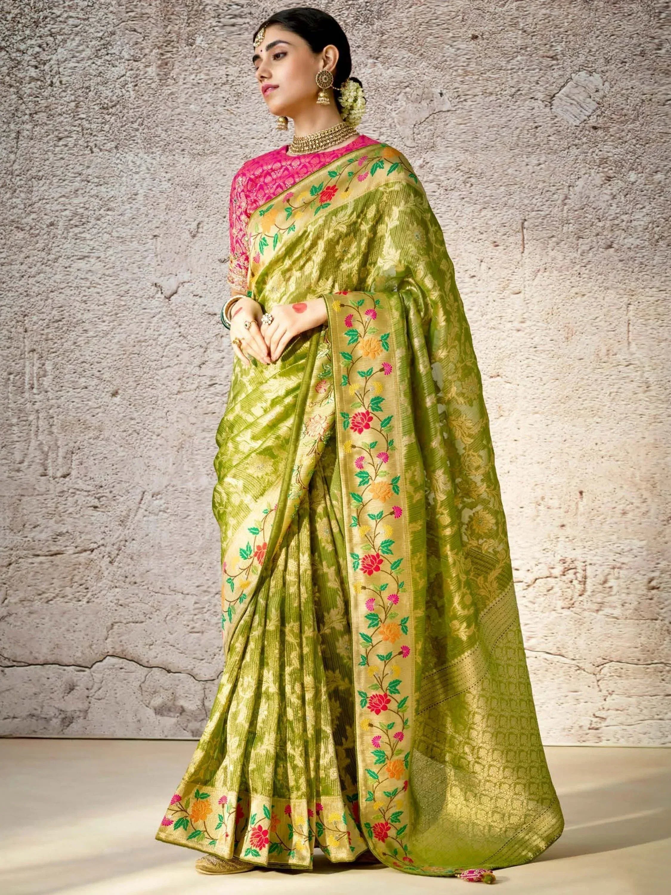 Green floral embroidered saree with pink blouse, traditional Indian ethnic wear for women