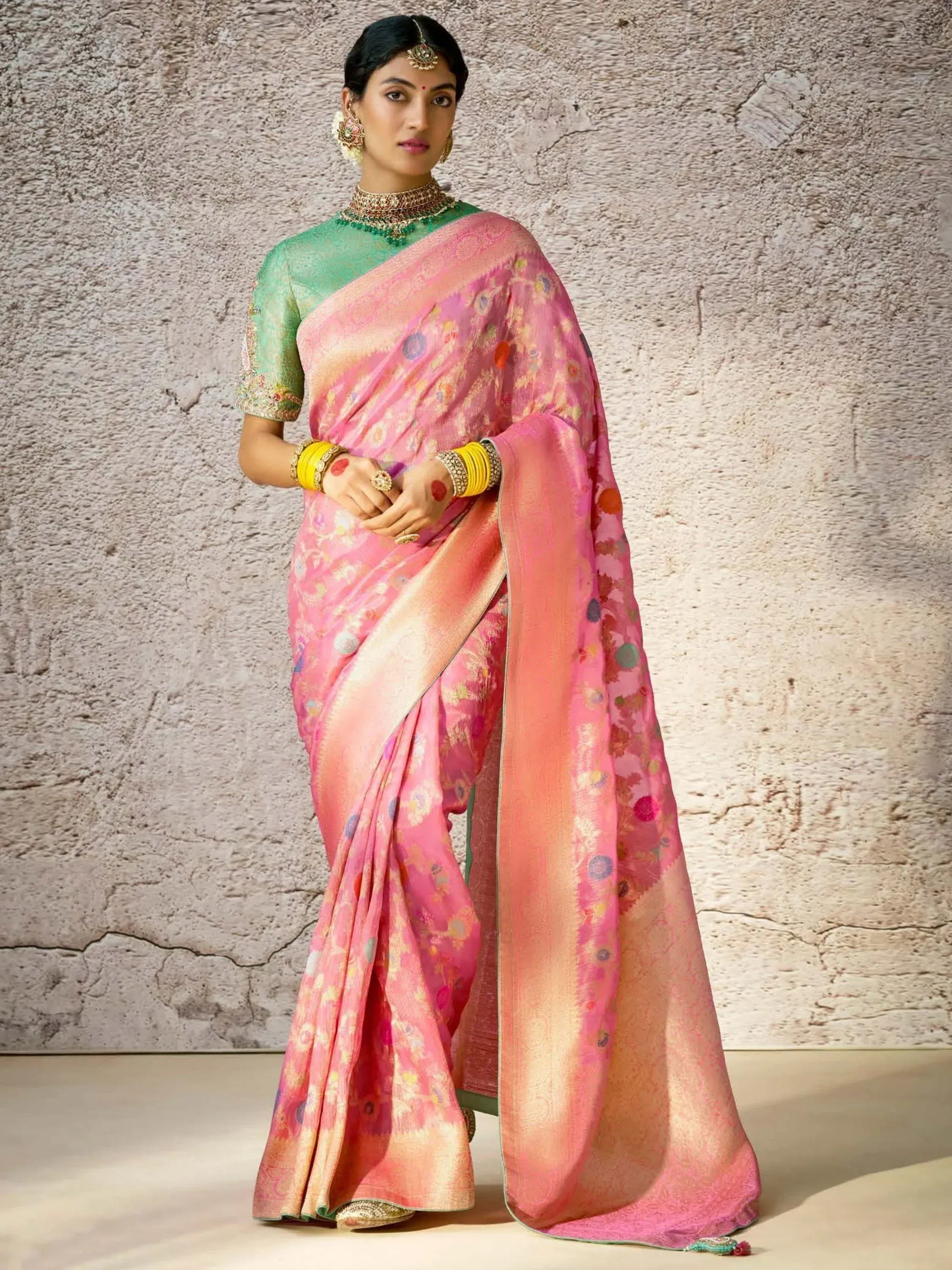 Pink floral saree with green blouse, traditional Indian ethnic wear for women
