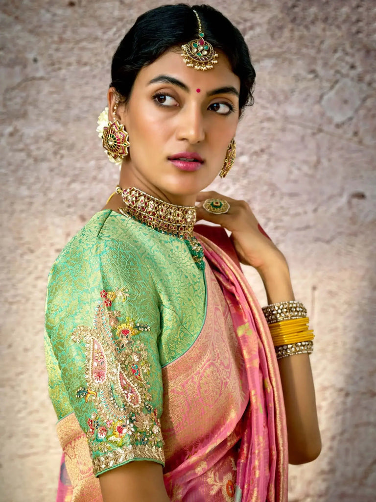 Beautiful Light Pink Zari Weaving Silk Wedding Wear Saree With Blouse