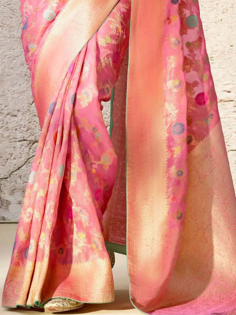Beautiful Light Pink Zari Weaving Silk Wedding Wear Saree With Blouse