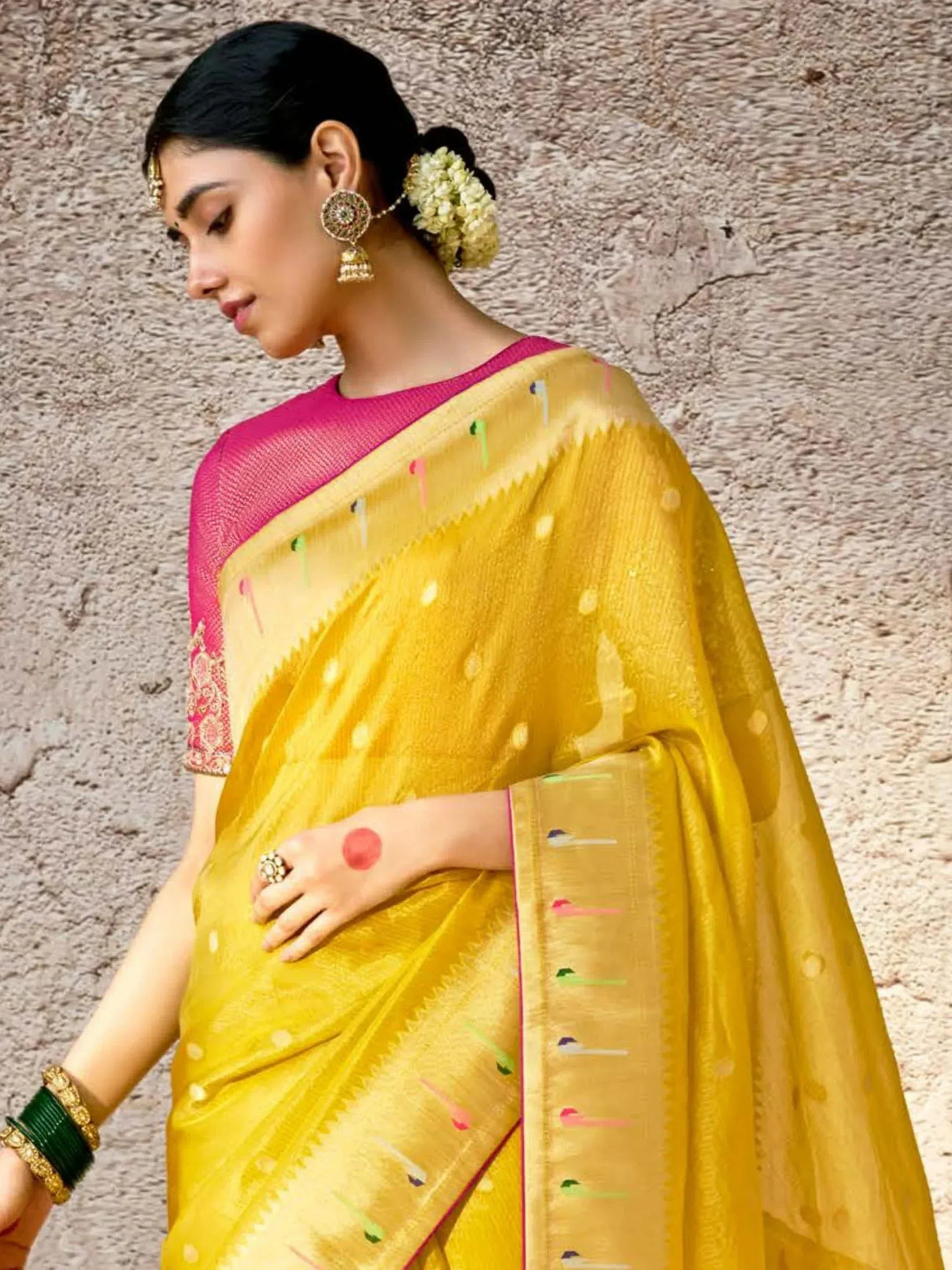 Yellow ethnic saree with pink blouse, traditional Indian wear for women