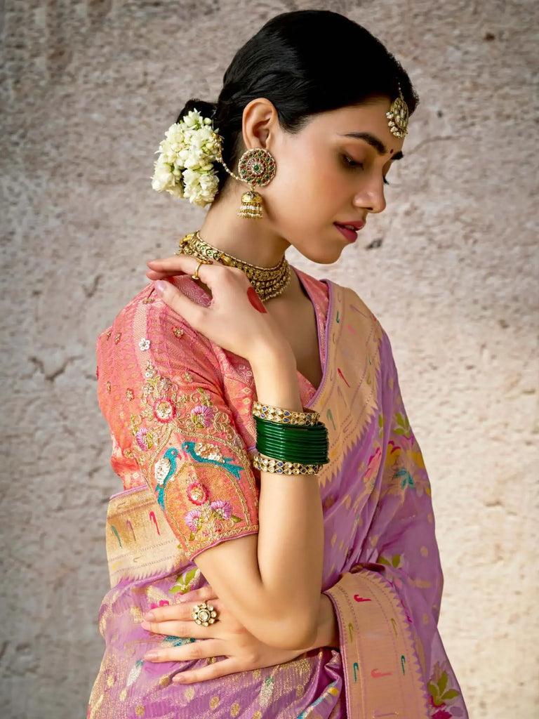 Majestic Lavender Zari Weaving Silk Function Wear Saree With Blouse