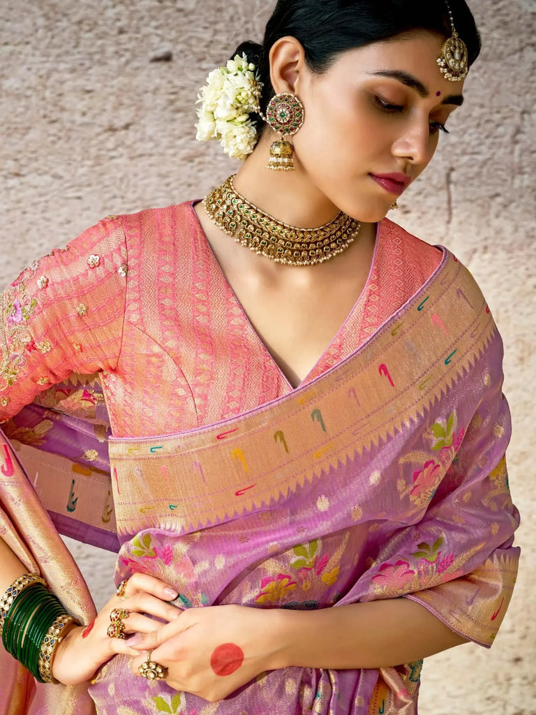 Majestic Lavender Zari Weaving Silk Function Wear Saree With Blouse