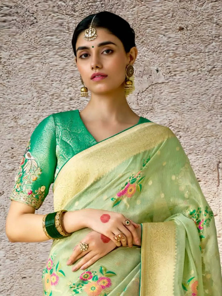 Fantastic Light Green Zari Weaving Silk Event Wear Saree With Blouse