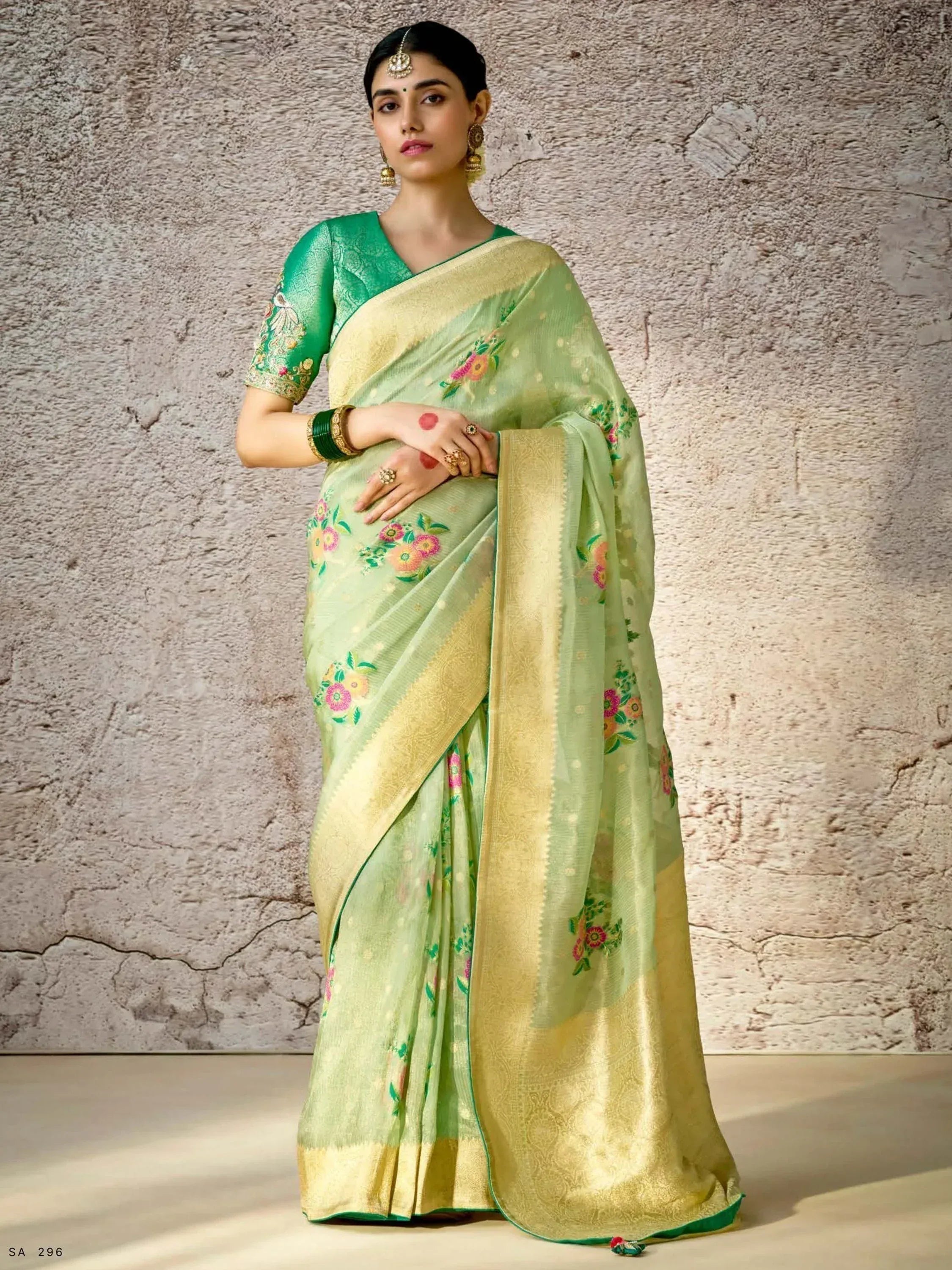 Light green floral embroidered saree with gold border and matching blouse, Indian ethnic wear