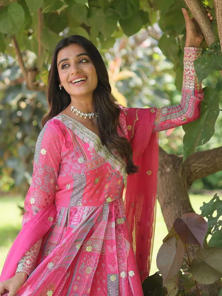 Mesmerizing Pink Digital Printed Silk Festival Wear Gown With Dupatta