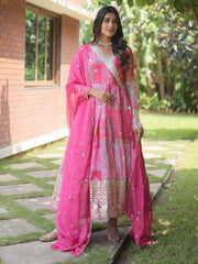 Mesmerizing Pink Digital Printed Silk Festival Wear Gown With Dupatta