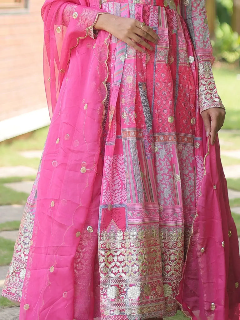 Mesmerizing Pink Digital Printed Silk Festival Wear Gown With Dupatta