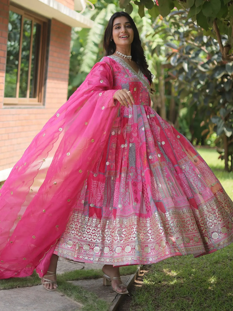 Mesmerizing Pink Digital Printed Silk Festival Wear Gown With Dupatta