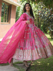 Mesmerizing Pink Digital Printed Silk Festival Wear Gown With Dupatta