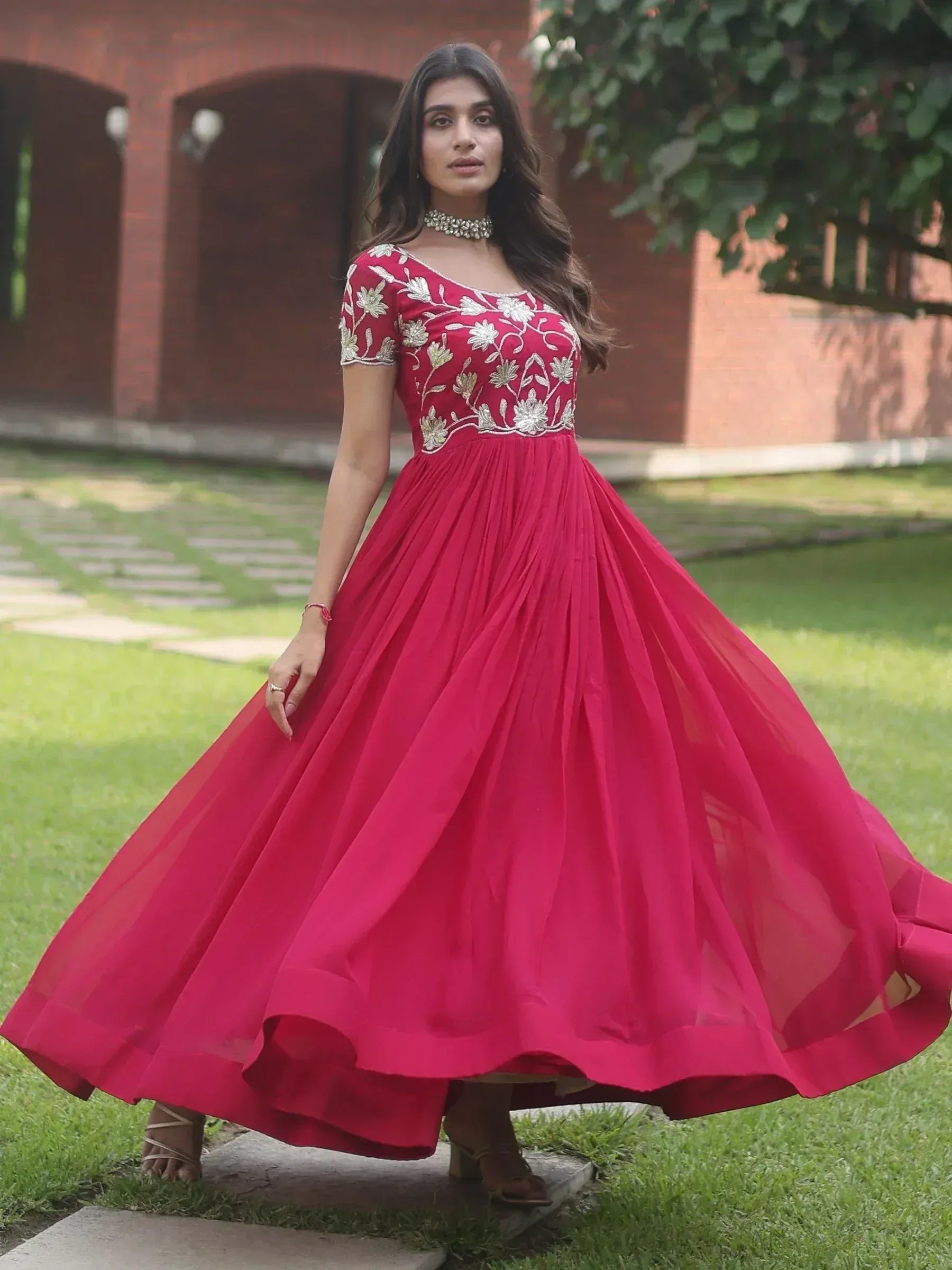 Red ethnic gown with floral embroidery, perfect for Indian occasions and festive wear