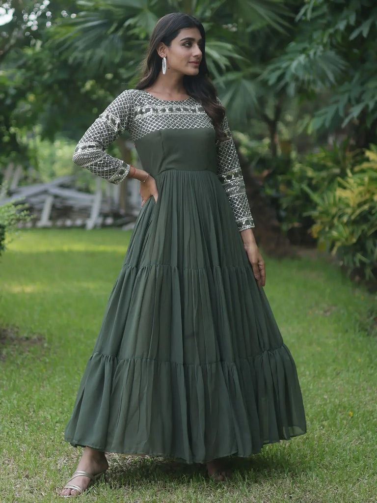 Marvelous Olive Green Sequins Georgette Mehendi Wear Gown