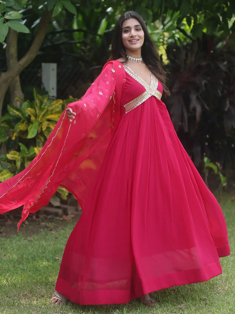Enchanting Pink Embroidered Georgette Festival Wear Gown