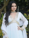 Incredible White Embroidered Georgette Event Wear Gown With Dupatta