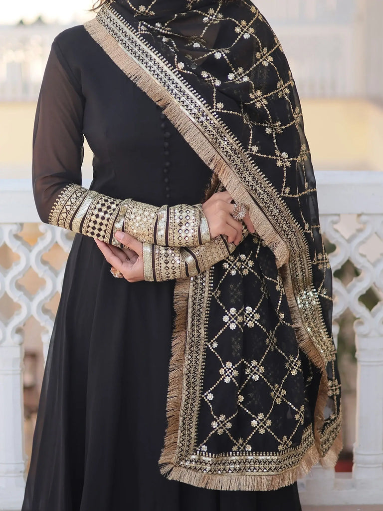 Bewitching Black Georgette Reception Wear Gown With Heavy Dupatta