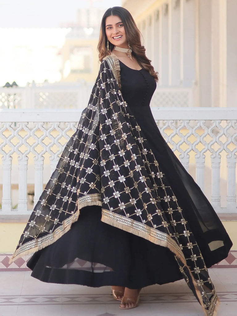 Bewitching Black Georgette Reception Wear Gown With Heavy Dupatta