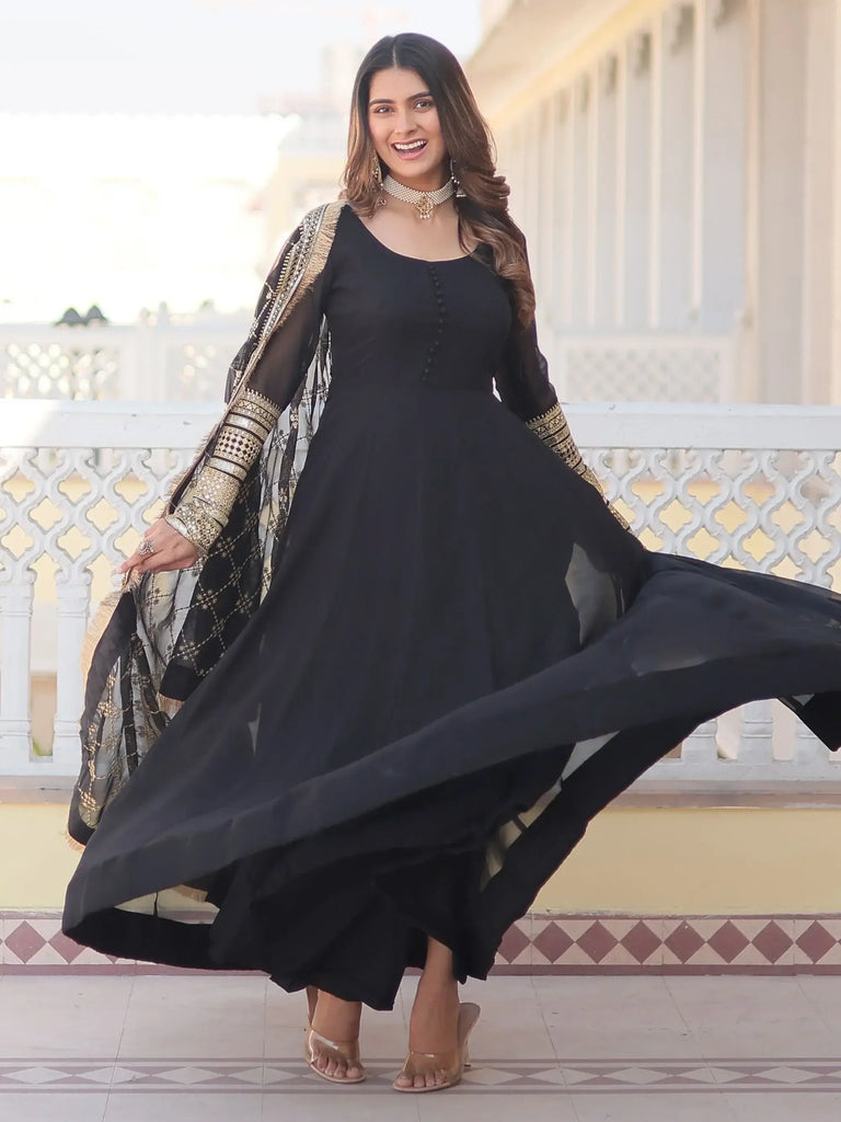 Bewitching Black Georgette Reception Wear Gown With Heavy Dupatta