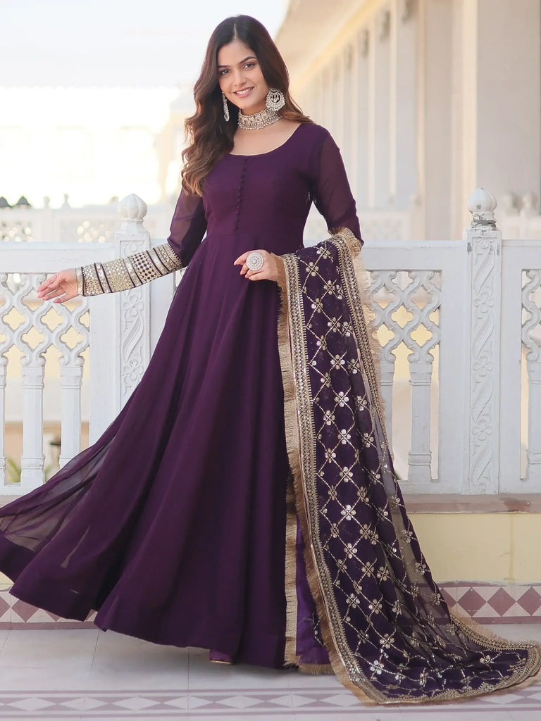 Stunning Purple Georgette Function Wear Gown With Heavy Dupatta