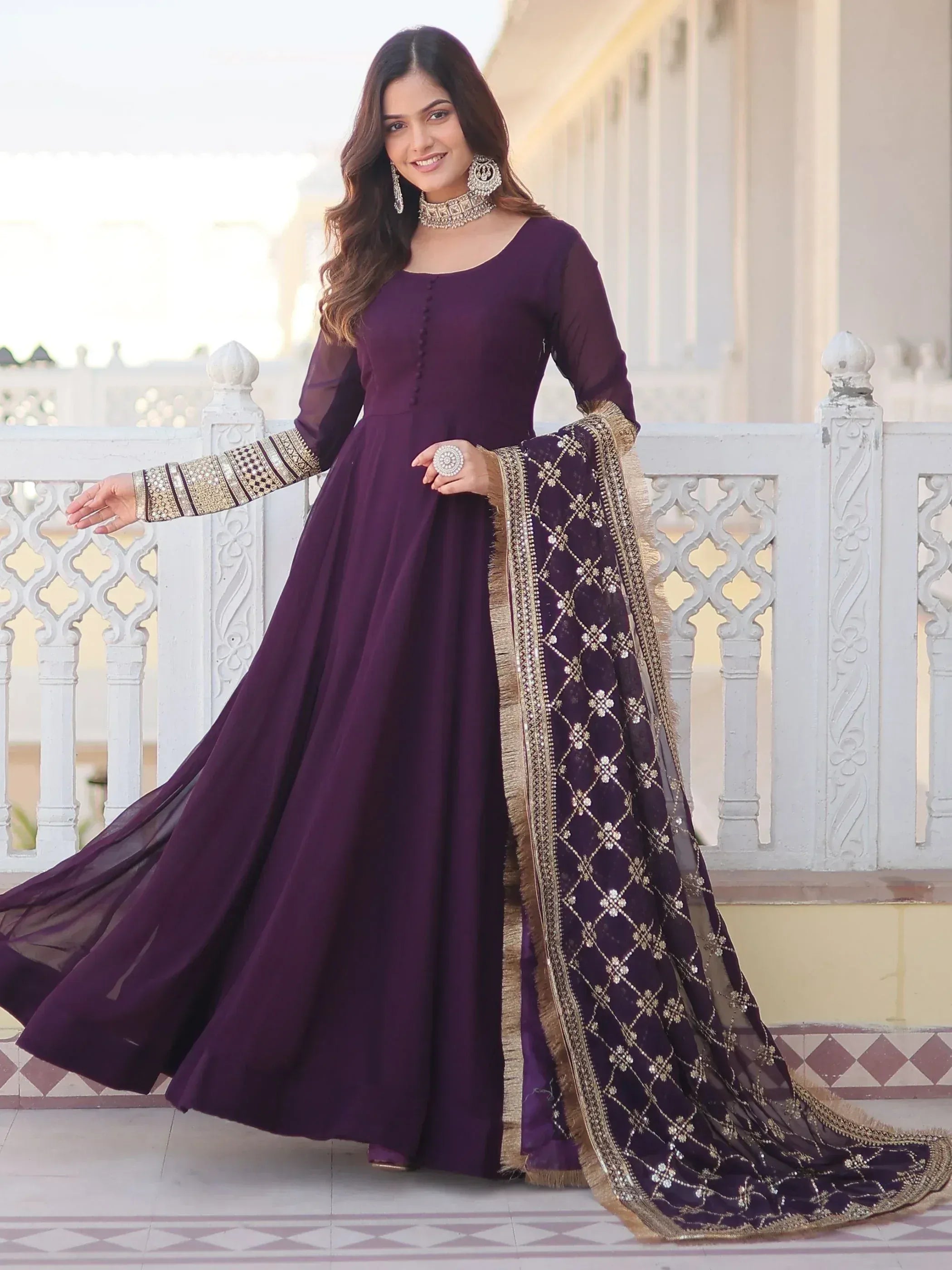 Purple designer anarkali with gold embroidery and dupatta, Indian ethnic wear for women