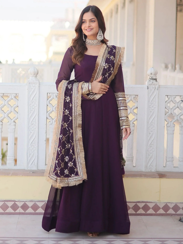 Stunning Purple Georgette Function Wear Gown With Heavy Dupatta