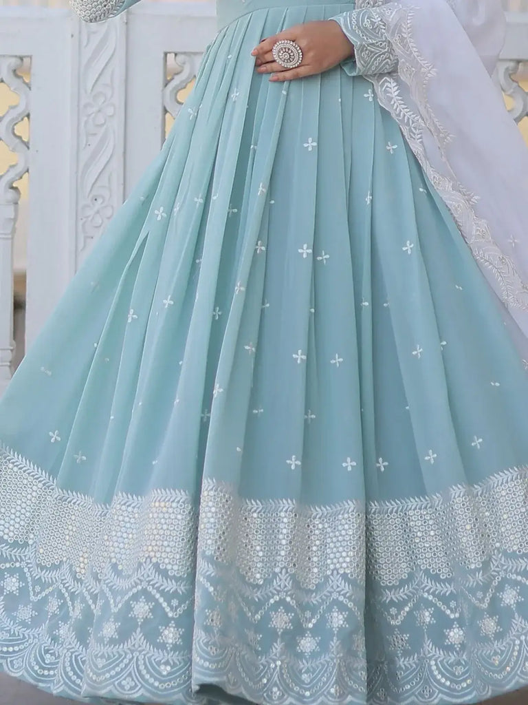 Fascinating Sky-Blue Embroidered Georgette Function Wear Gown