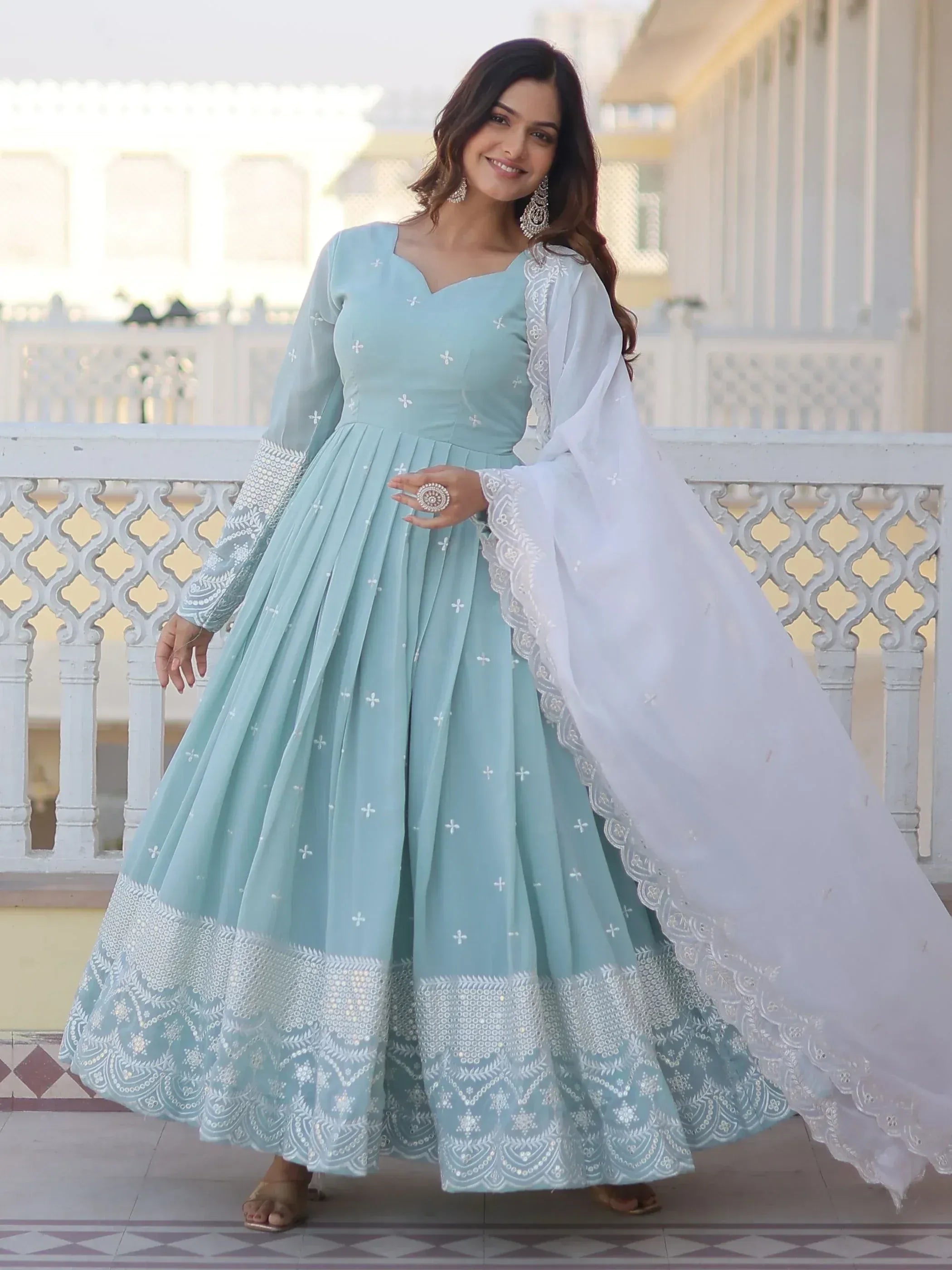 Light blue embroidered anarkali with white dupatta, perfect for Indian ethnic occasions