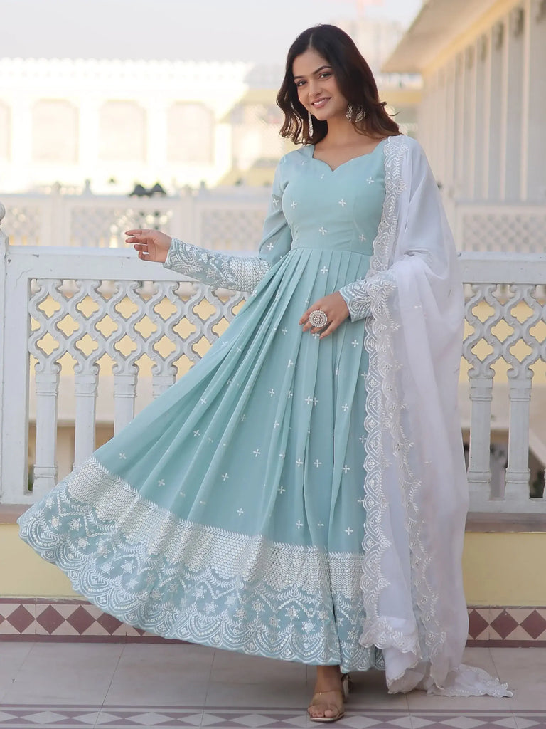 Fascinating Sky-Blue Embroidered Georgette Function Wear Gown
