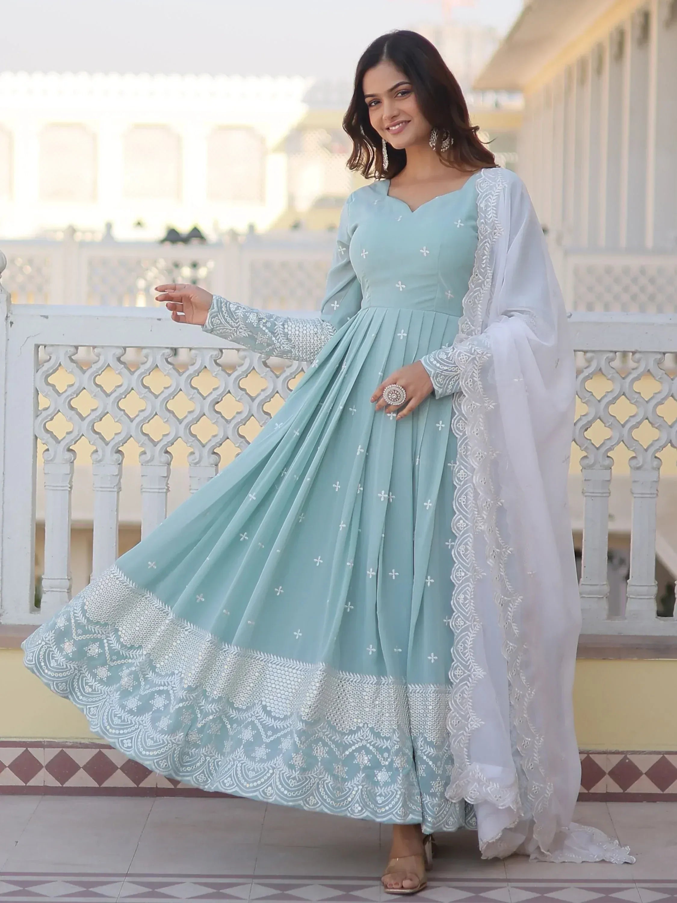 Light blue embroidered anarkali with white dupatta, perfect for Indian ethnic occasions