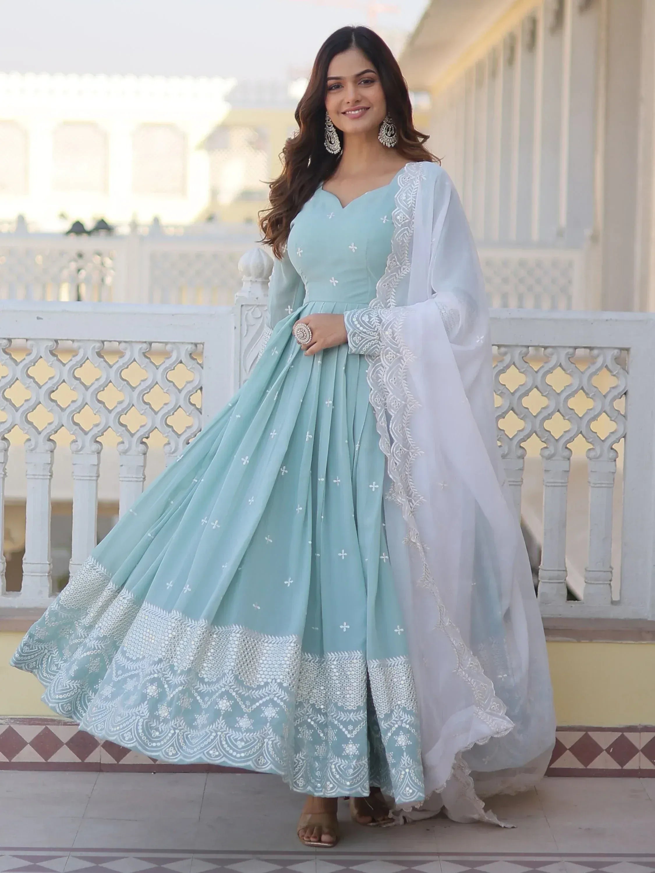 Mint blue embroidered anarkali with white dupatta, Indian ethnic wear for women