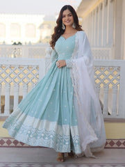 Fascinating Sky-Blue Embroidered Georgette Function Wear Gown