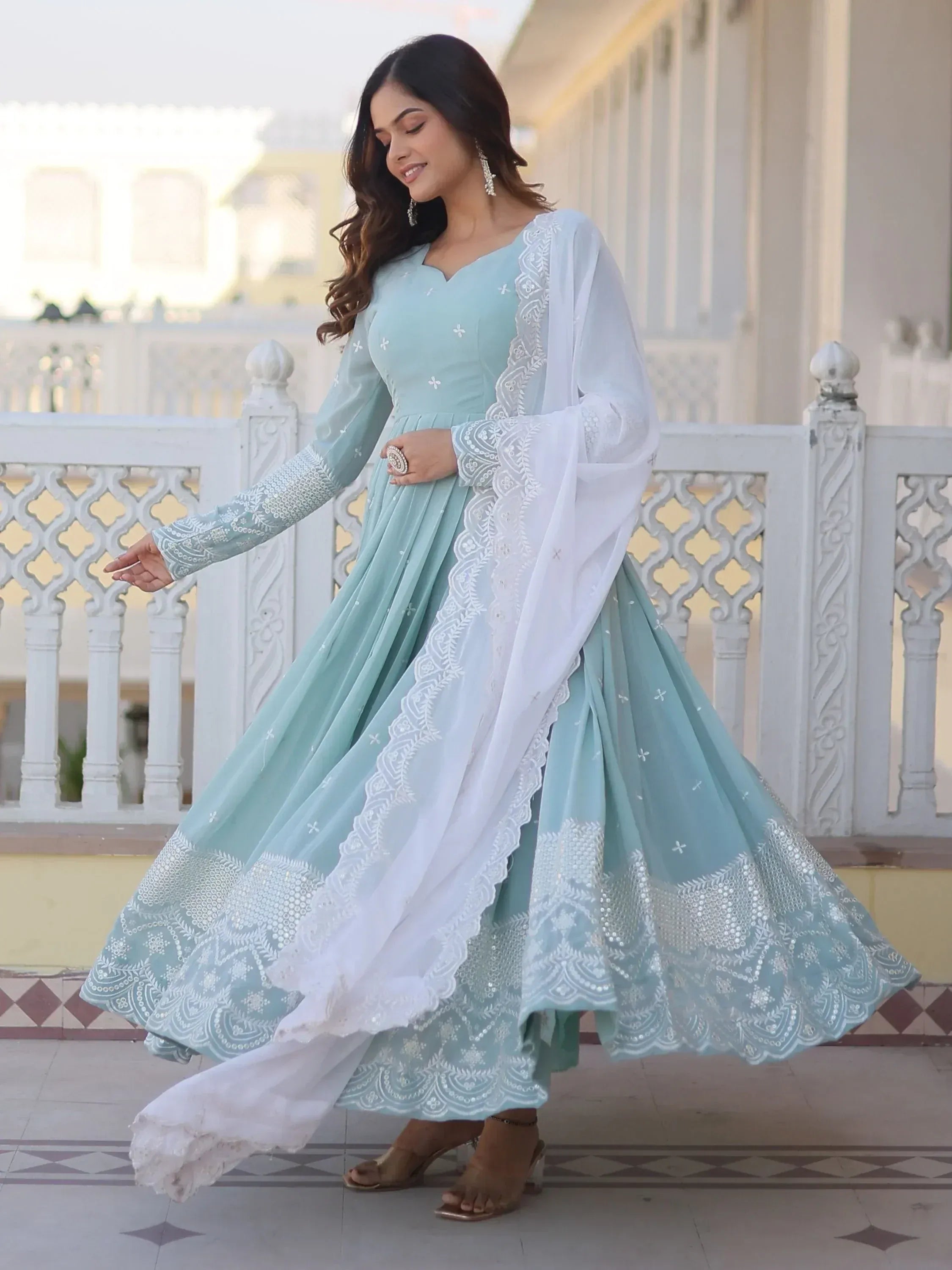 Mint green anarkali with white dupatta, ethnic wear for women, designer Indian dress