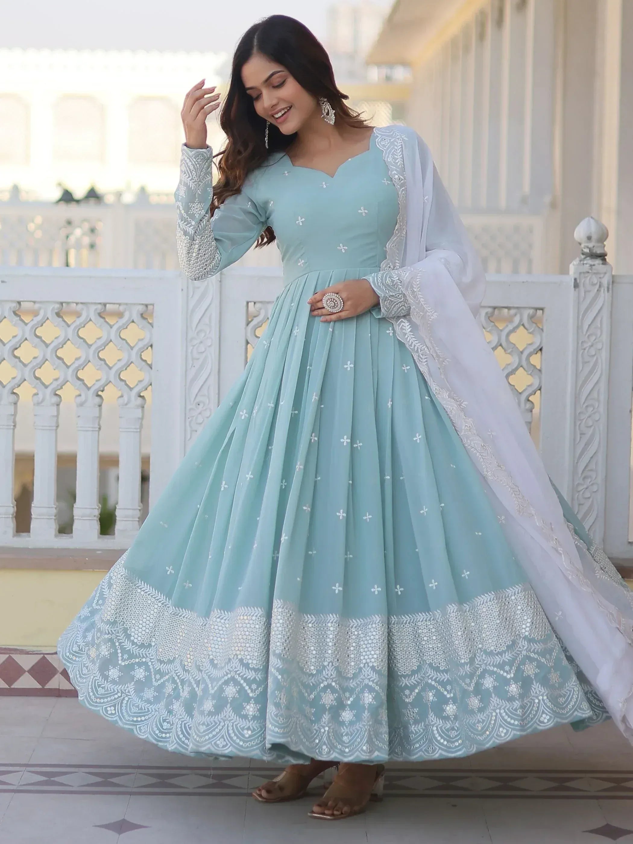 Light blue embroidered anarkali with white dupatta, perfect for Indian ethnic occasions