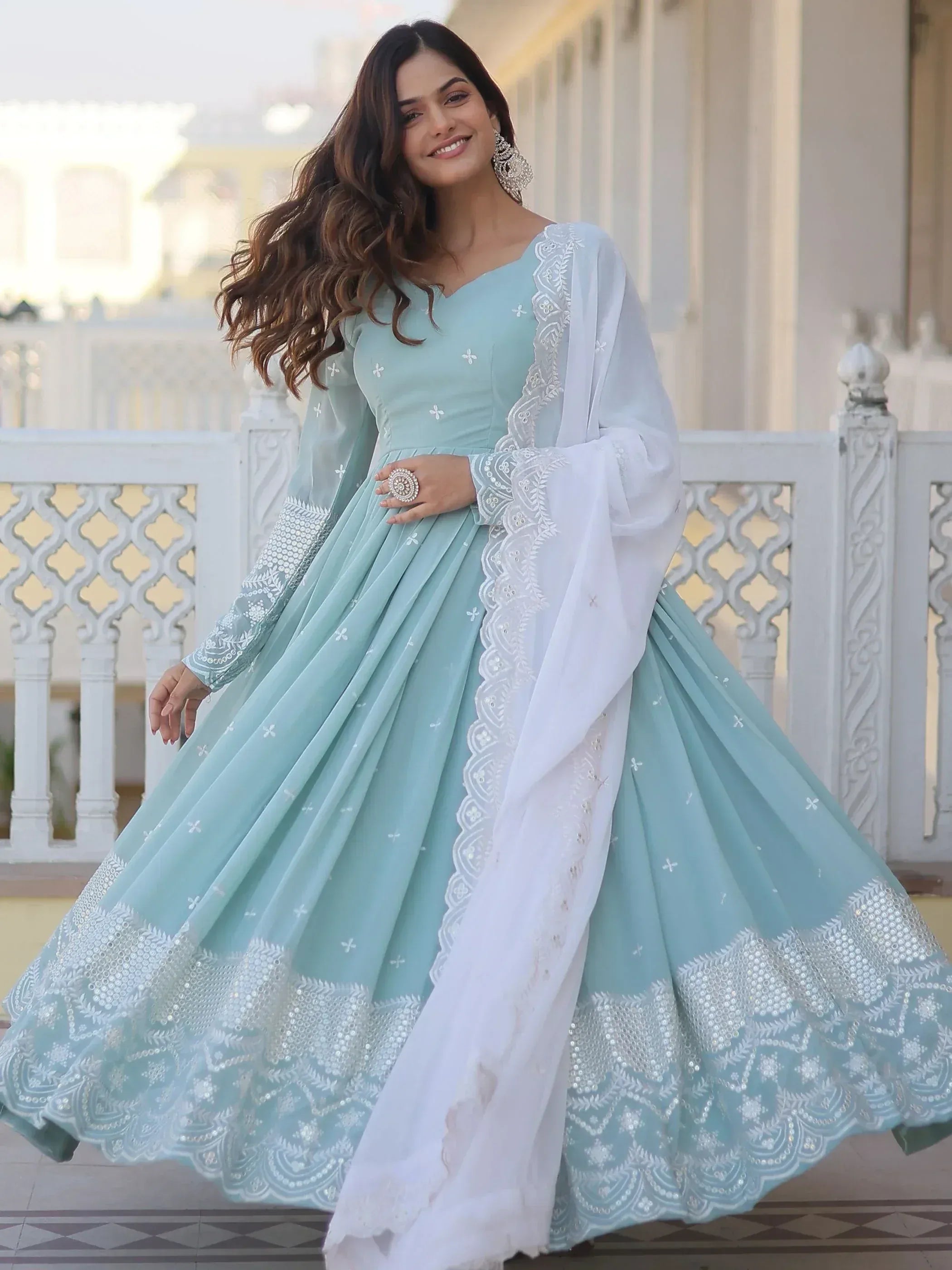 Mint green designer anarkali with white embroidery and dupatta, perfect for Indian ethnic occasions