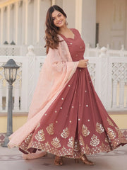 Magnetic Coral Red Sequins Georgette Festival Wear Gown With Dupatta