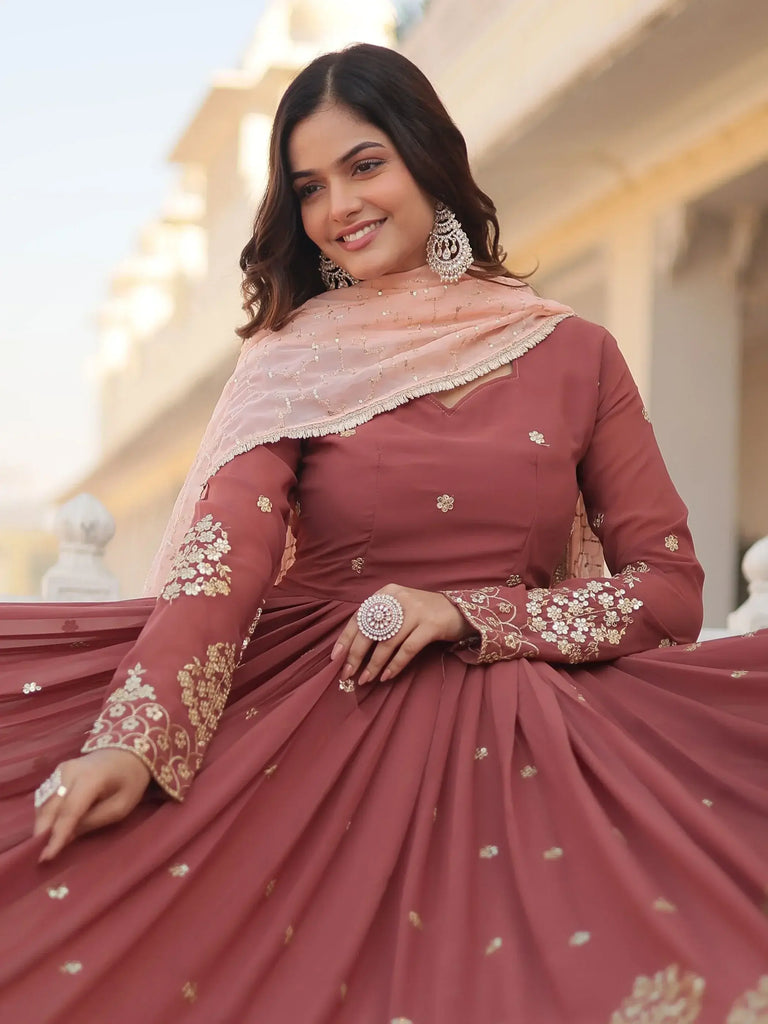 Magnetic Coral Red Sequins Georgette Festival Wear Gown With Dupatta