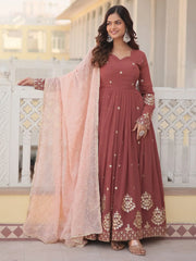 Magnetic Coral Red Sequins Georgette Festival Wear Gown With Dupatta