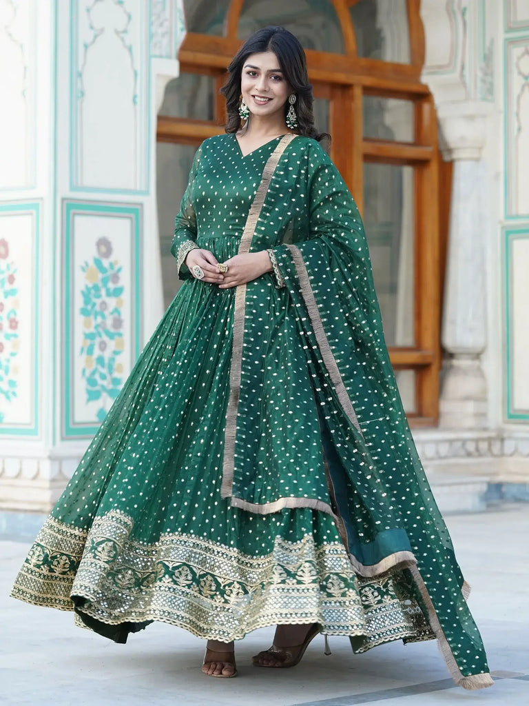 Beautiful Green Embroidered Jacquard Mehendi Wear Anarkali Gown