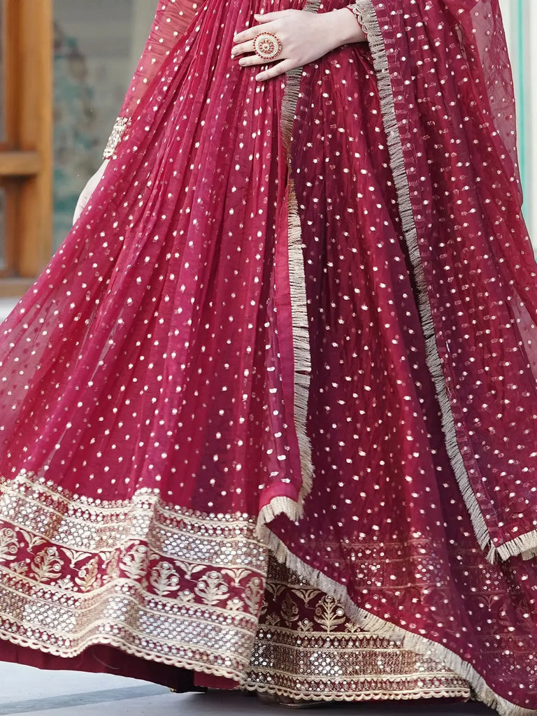 Stunning Maroon Embroidered Jacquard Wedding Wear Anarkali Gown